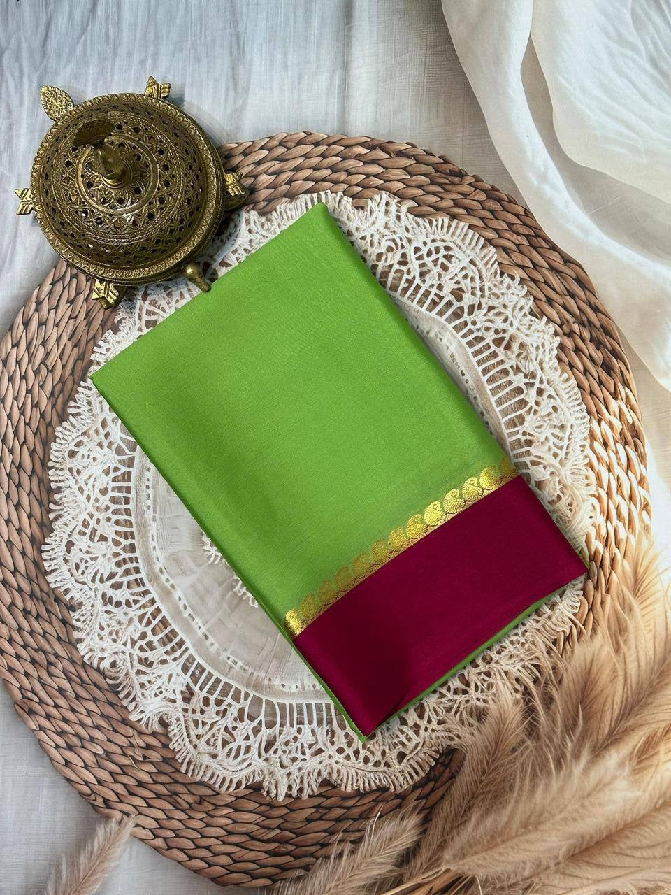 Parrot Green Mysore Crepe Silk Saree with Pink Bentex Border