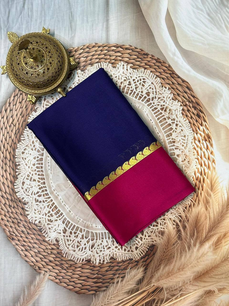 Navy Blue Mysore Crepe Silk Saree with Pink Bentex Border