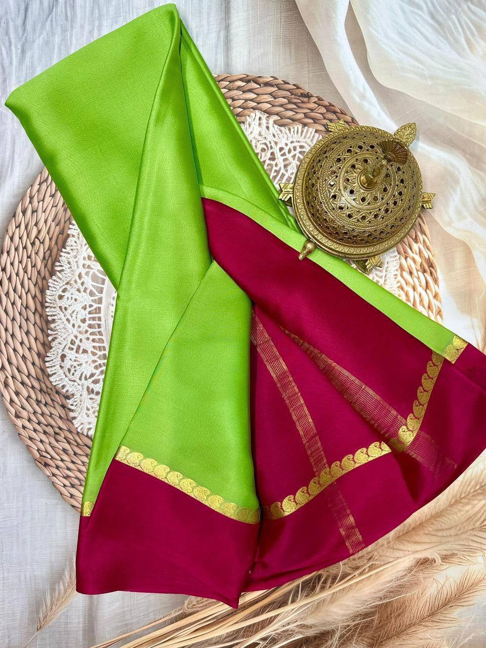 Parrot Green Mysore Crepe Silk Saree with Pink Bentex Border