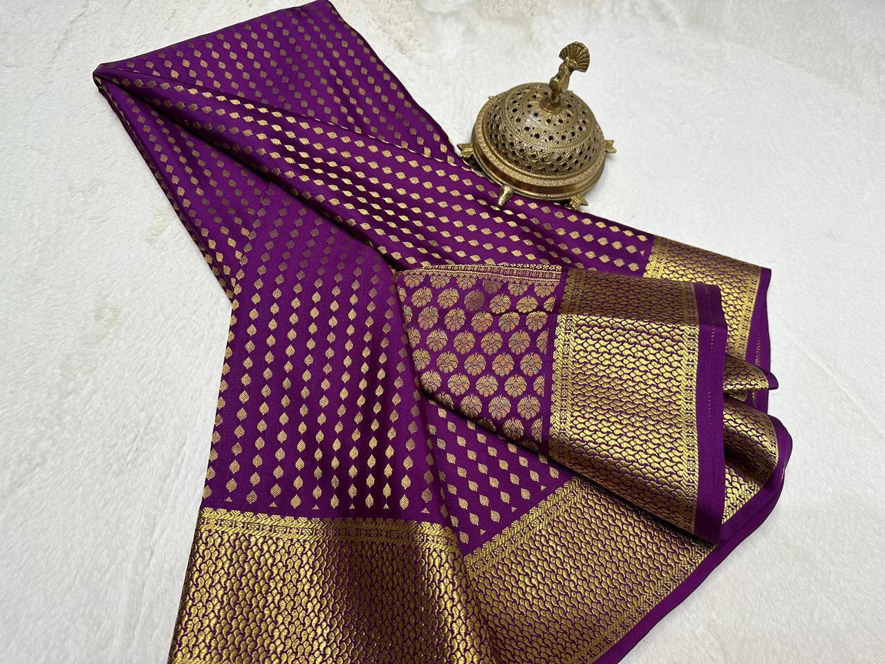 Purple Bridal Mysore Soft Silk Saree | Rich Butta Leaf Motifs | Zari Border & Pallu | 5.5 Metre