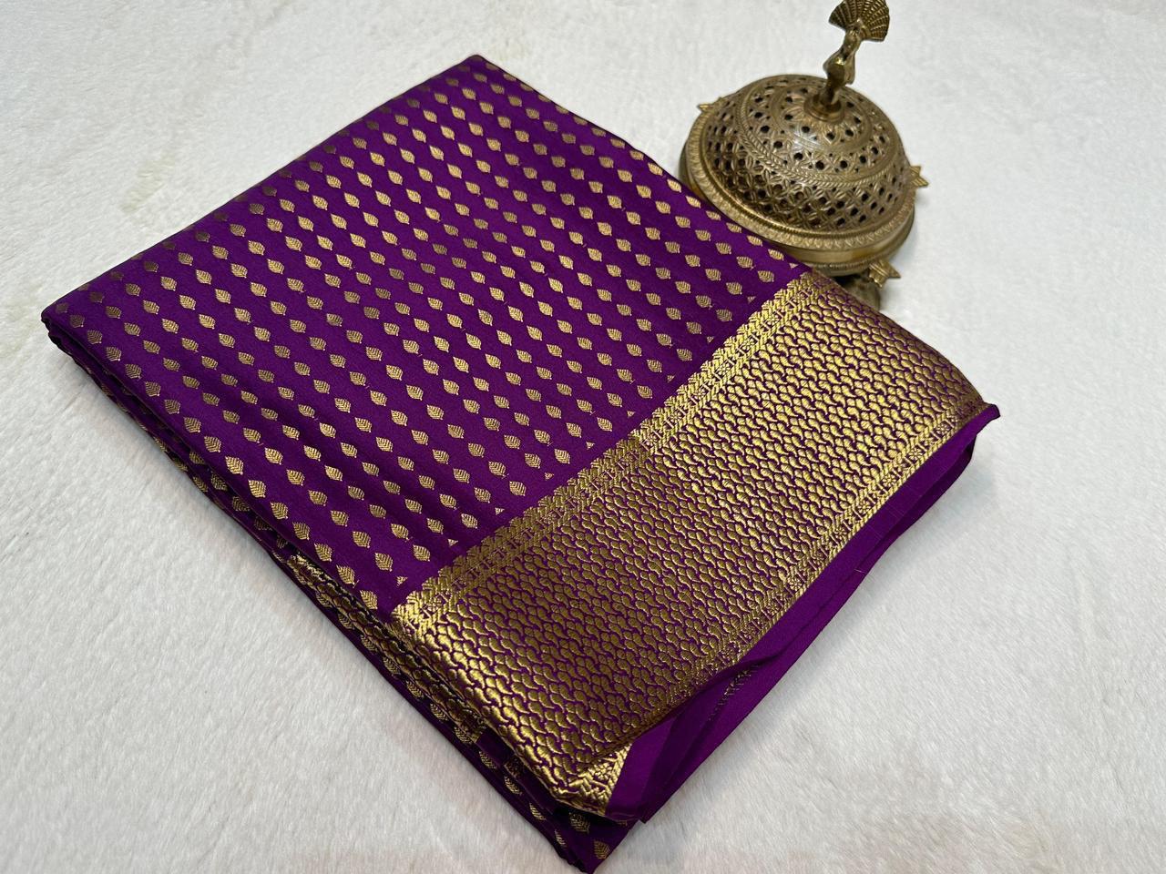Purple Bridal Mysore Soft Silk Saree | Rich Butta Leaf Motifs | Zari Border & Pallu | 5.5 Metre