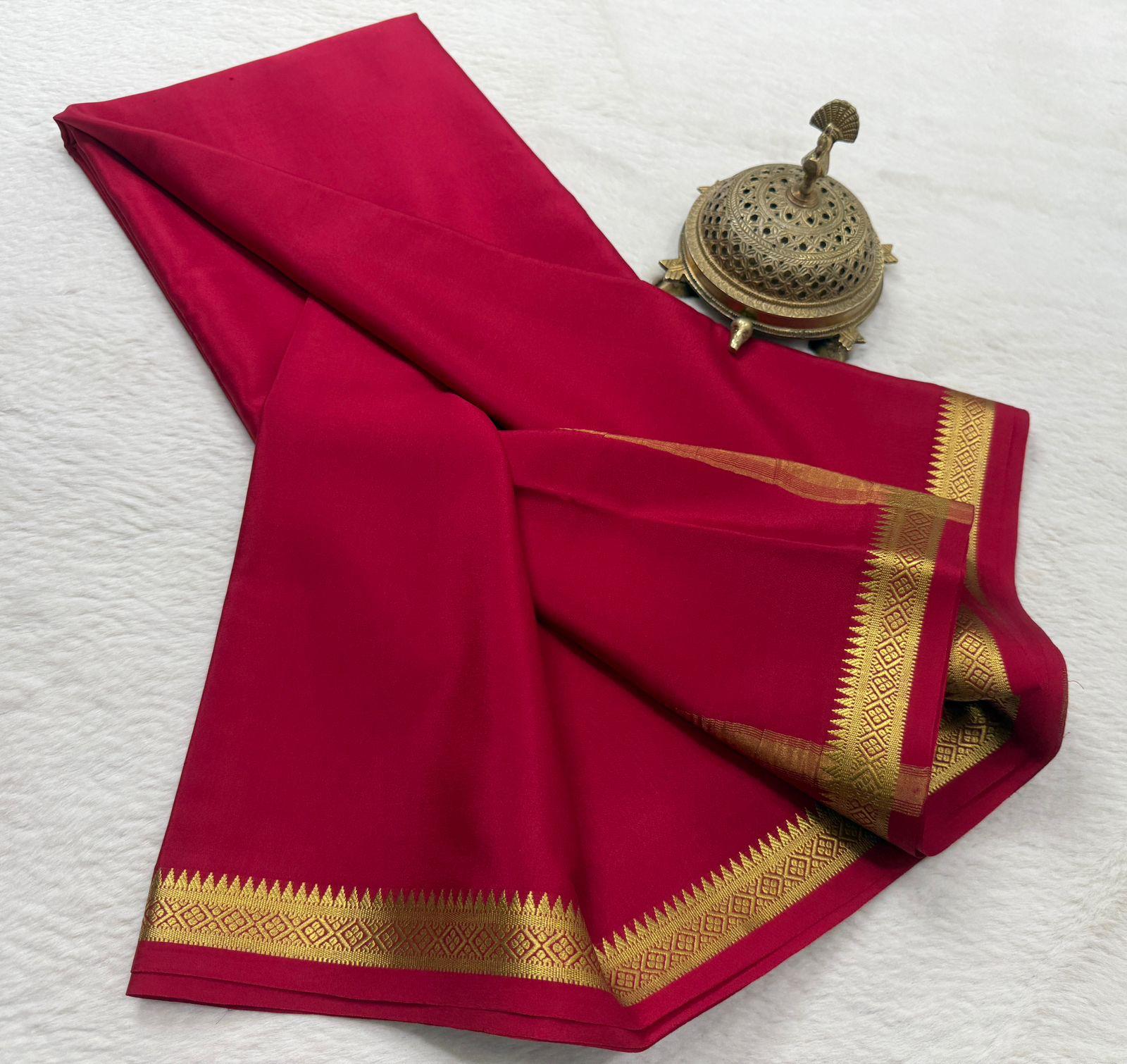 Elegant Mysore Silk Saree in Red with Gold Zari Border
