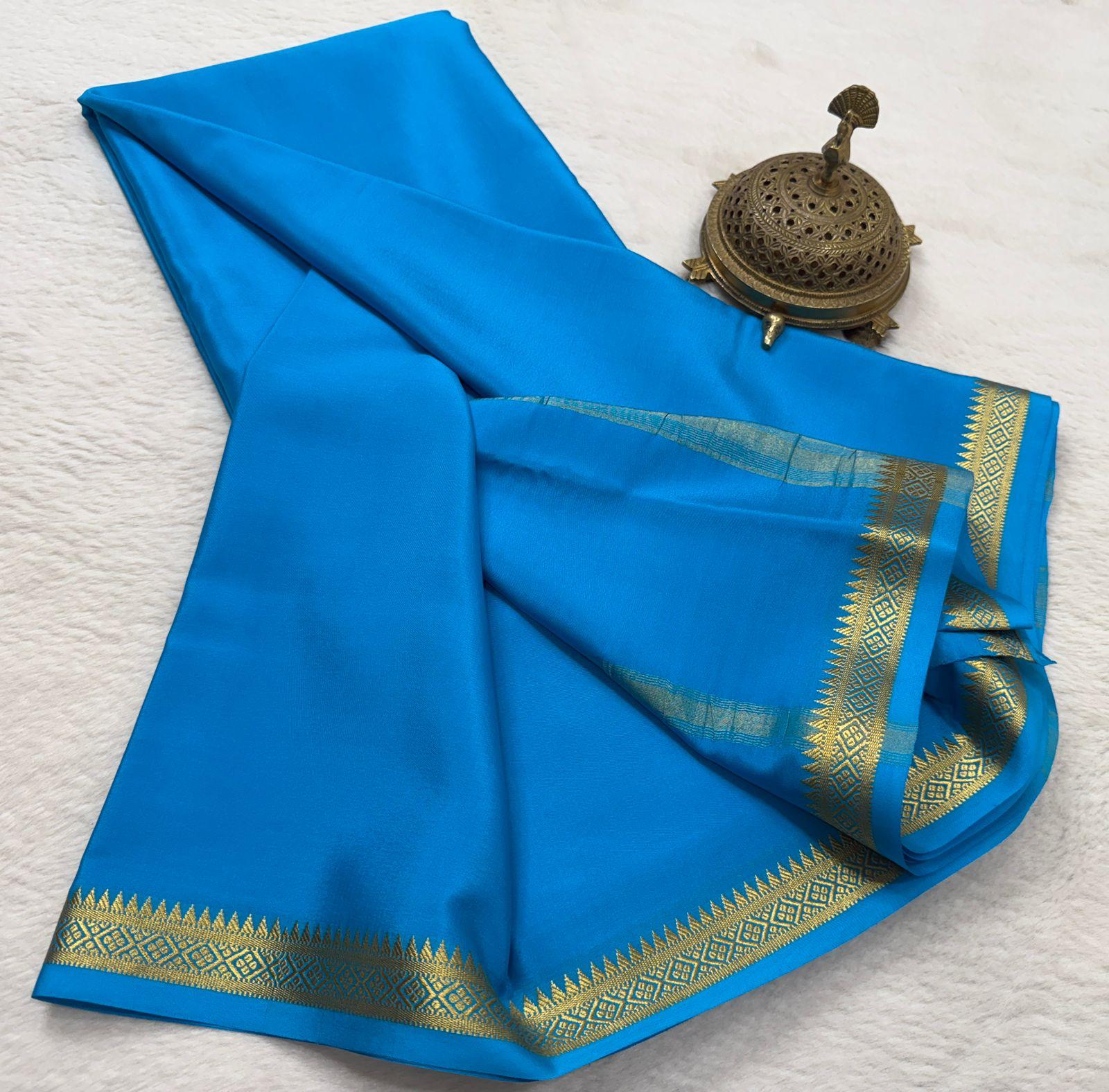 Sky Blue Traditional Mysore Silk Saree with Golden Zari Border