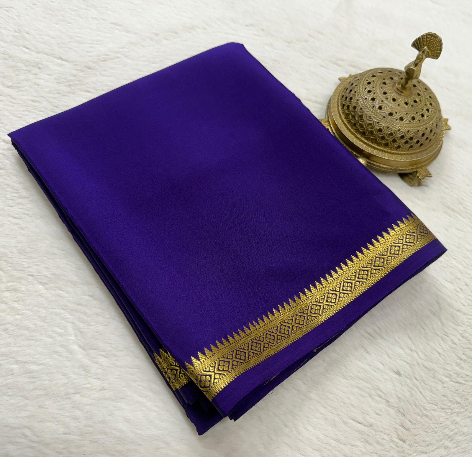 Navy blue Mysore silk Saree with Heavy Small Zari Border