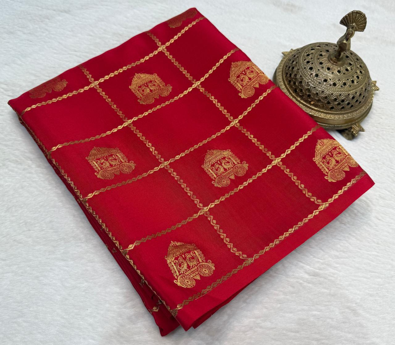 Designer Red Saree with Contrast White Pallu & Gold Motifs