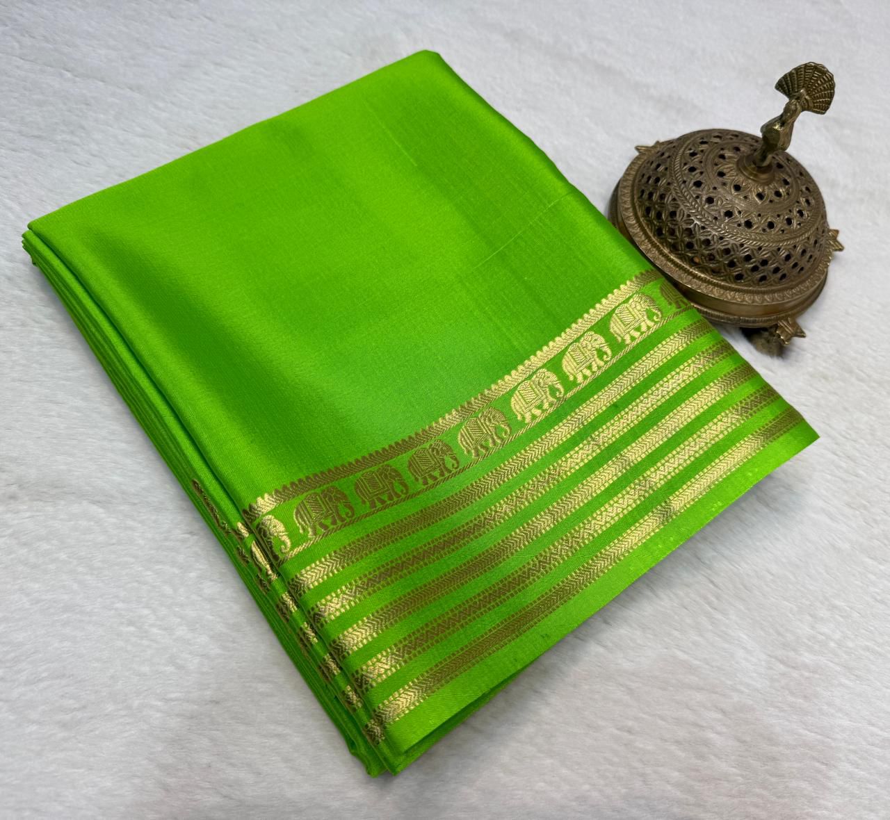 Parrot Green Mysore silk sarees with Traditional Gold Zari Border