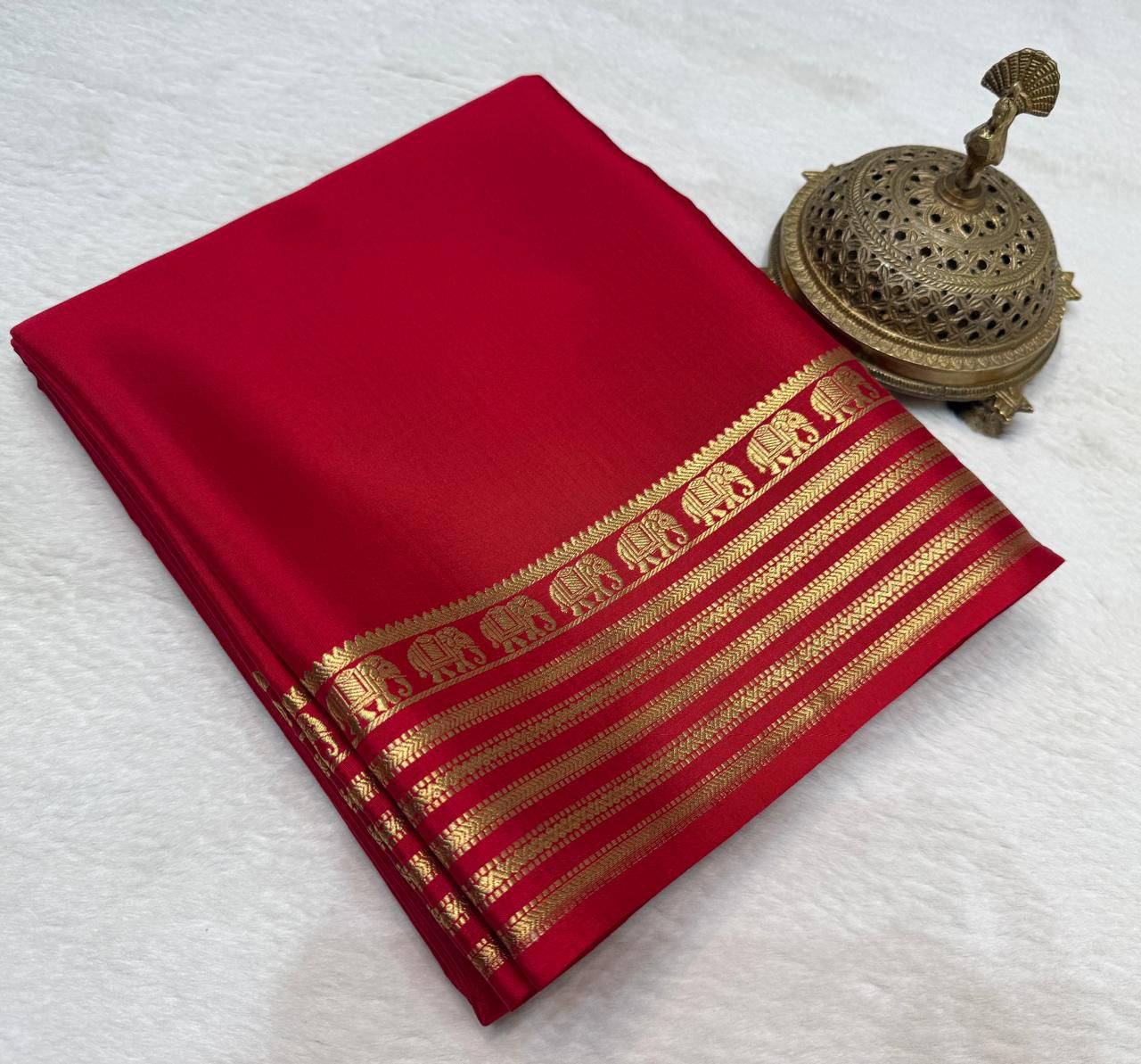 Red Mysore silk sarees with Gold Zari Elephant Border