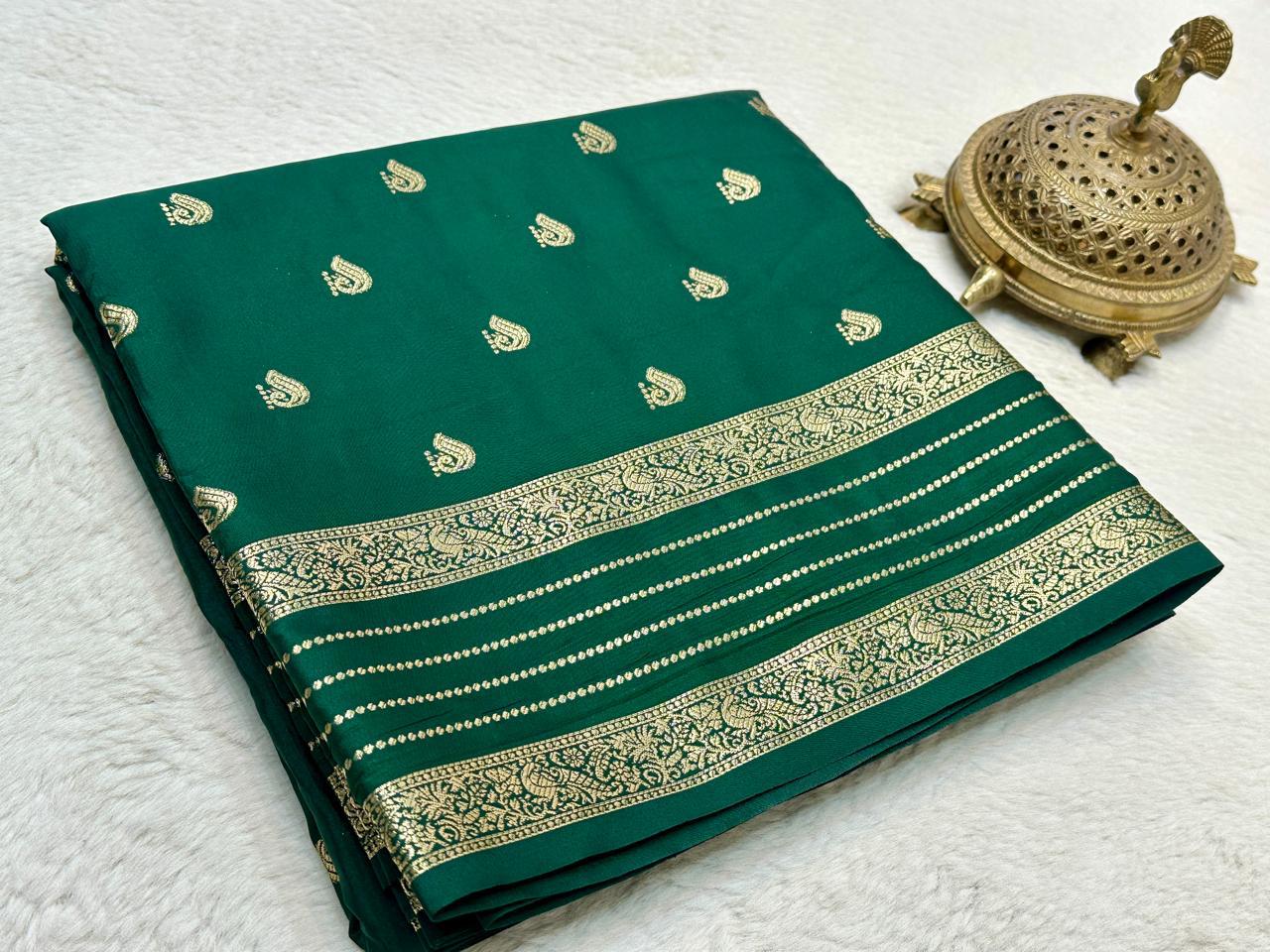 Green Silk Saree with Golden Zari Buti & Traditional Woven Border| Sashikala