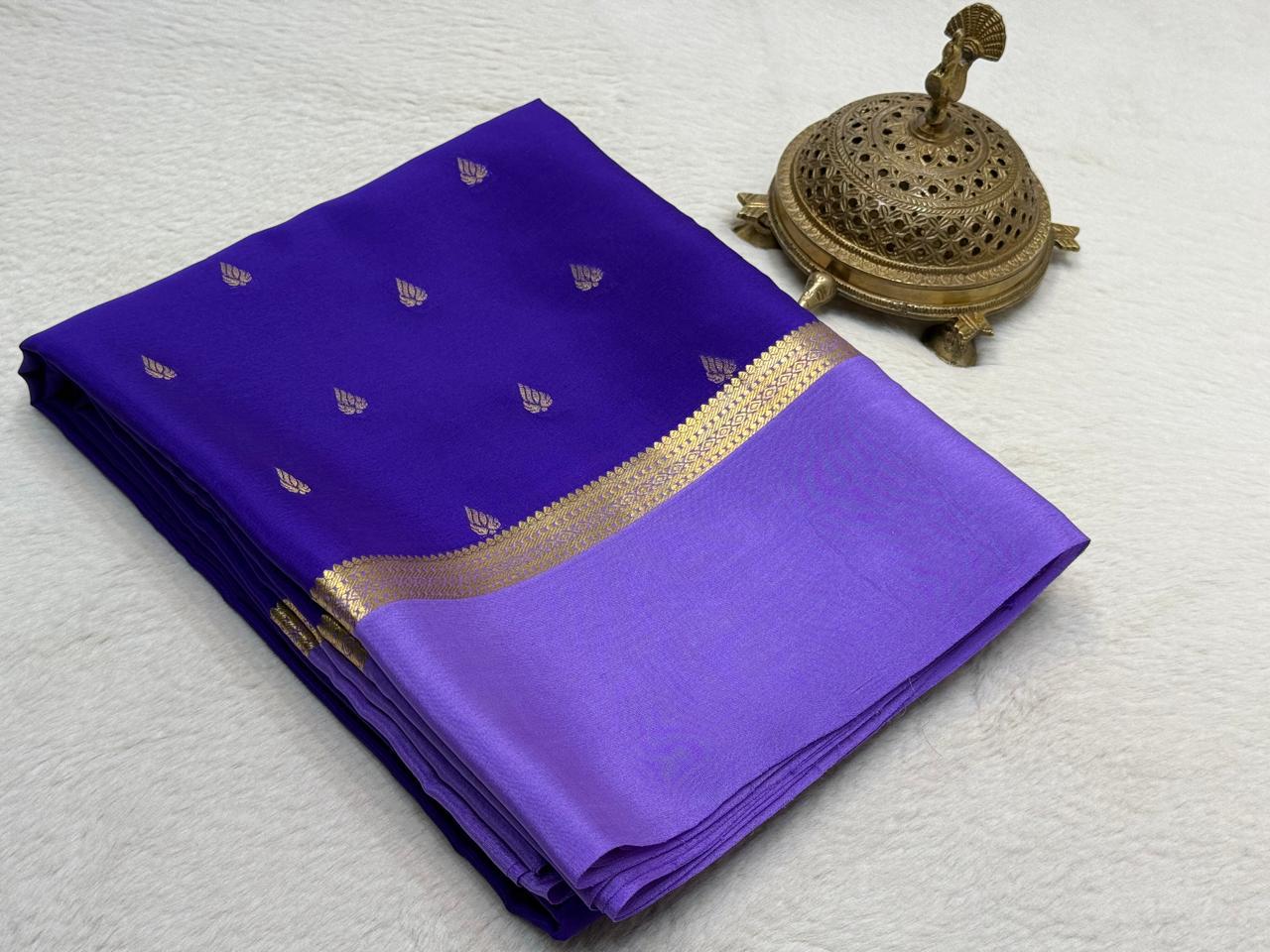 Purple and blue mysore silk saree with contrast Blouse.