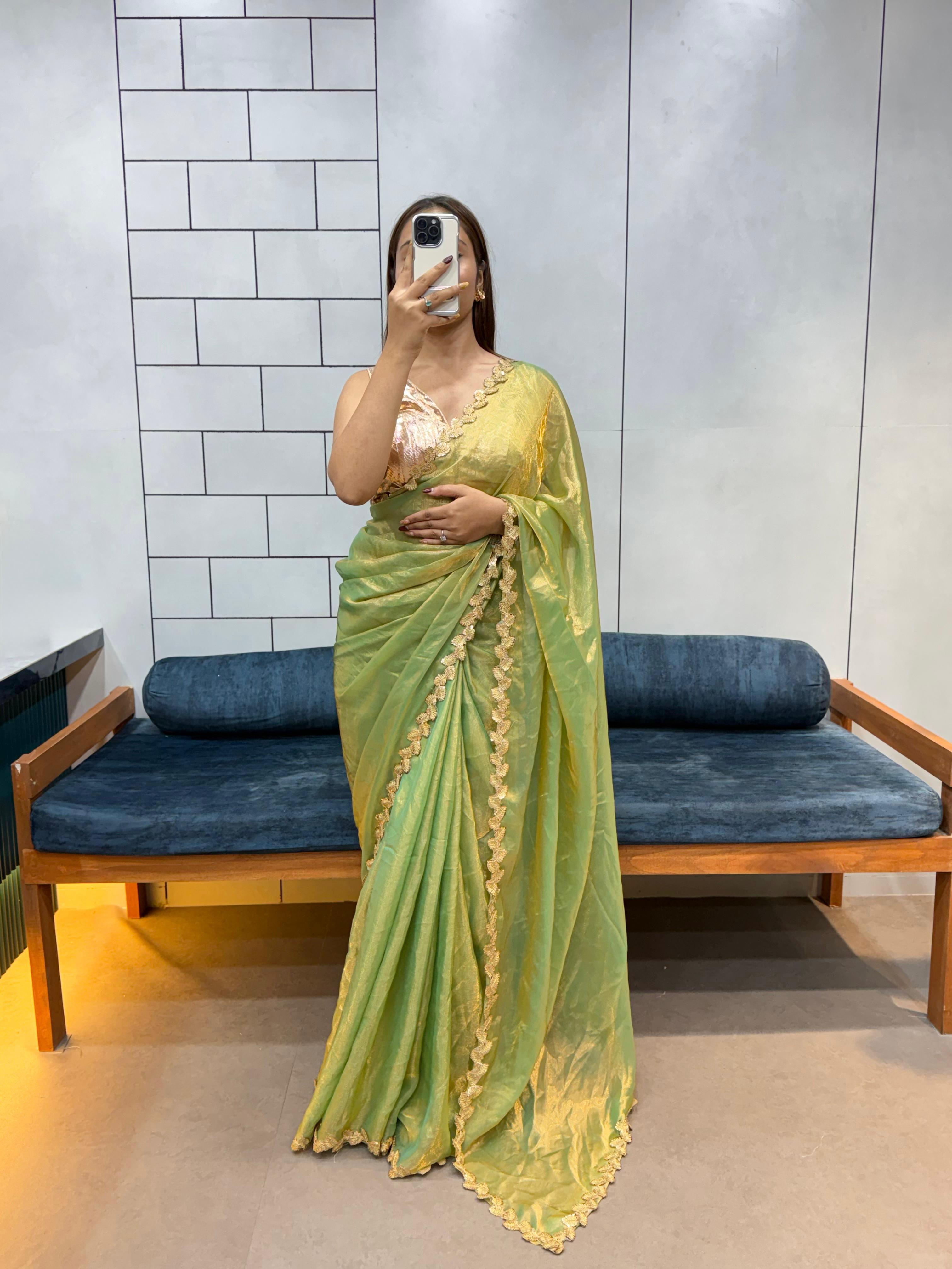 Dual tone space silk soft saree with contrast blouse