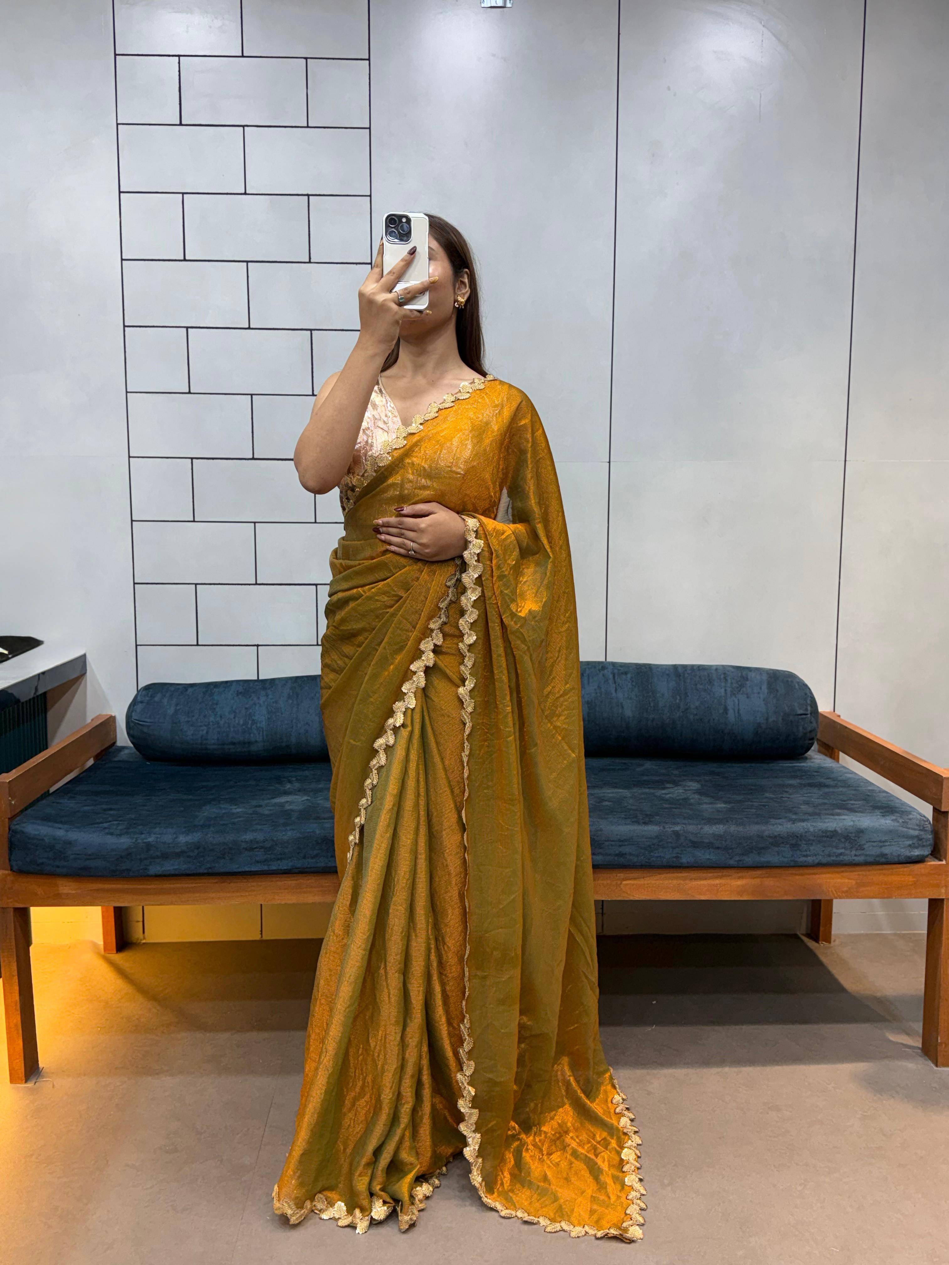 Dual tone space silk soft saree with contrast blouse