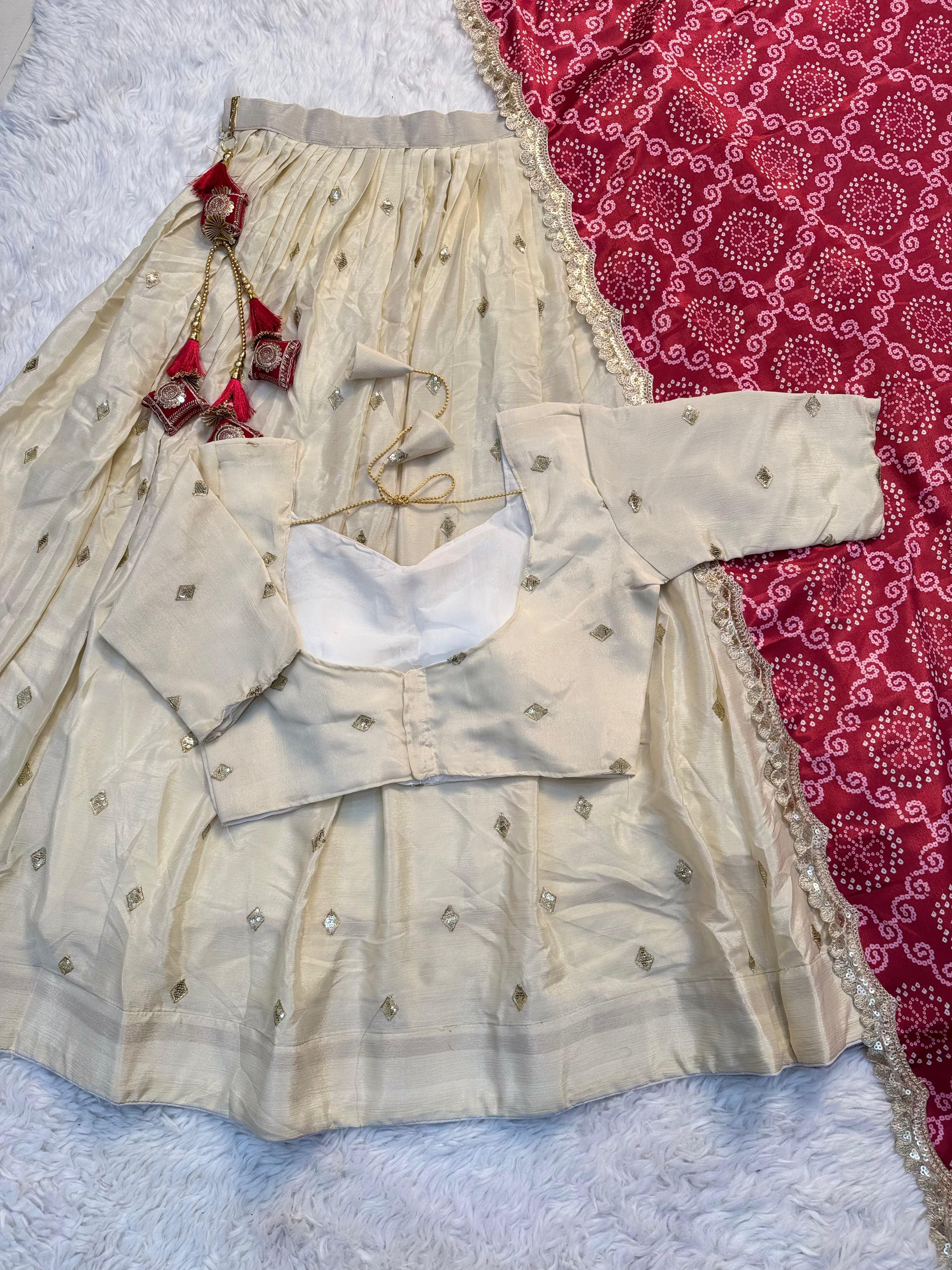 Chinnon Silk Stitched Butti Work Embroidered Party Wear Silk Lehenga choli