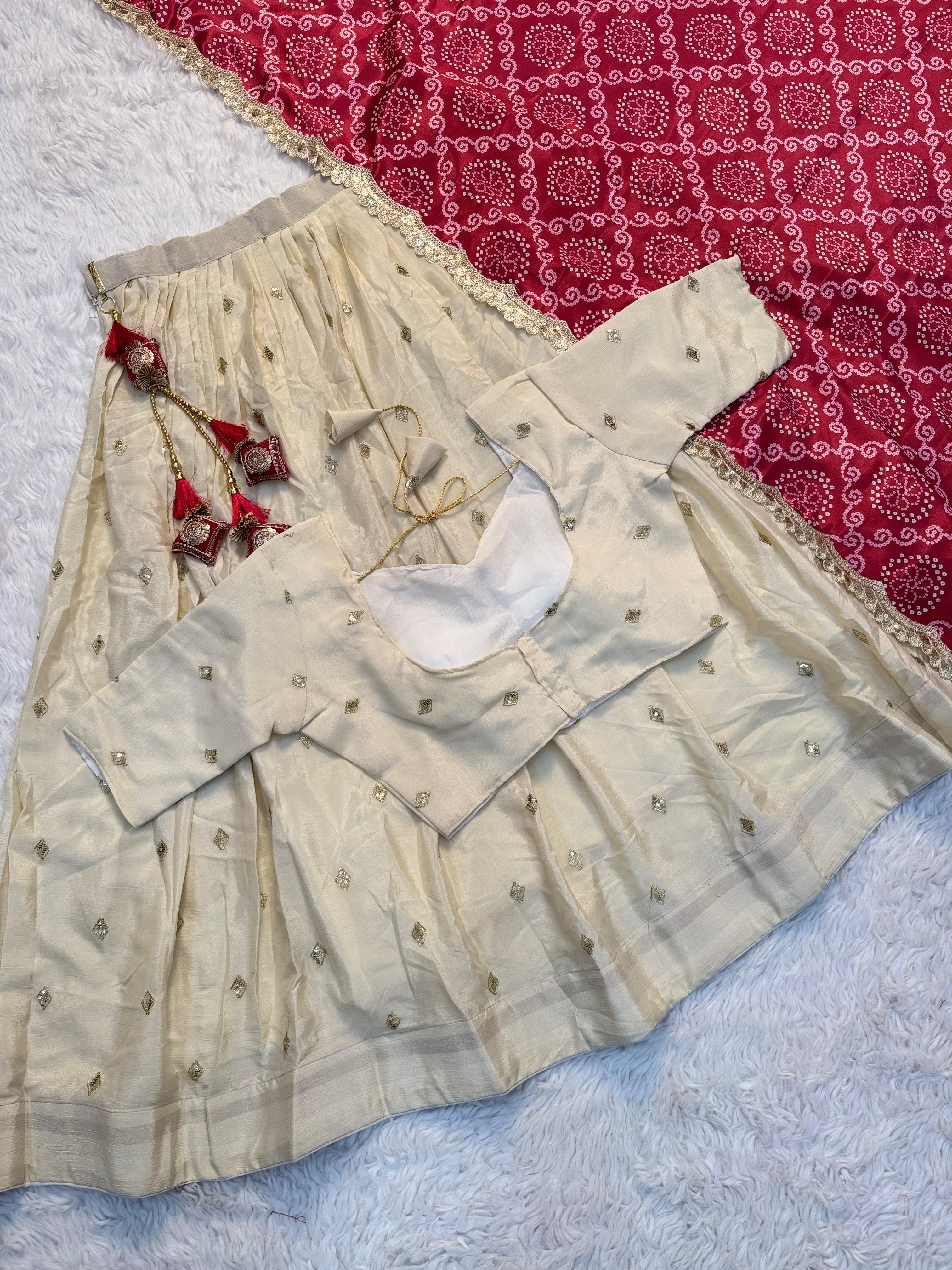 Chinnon Silk Stitched Butti Work Embroidered Party Wear Silk Lehenga choli