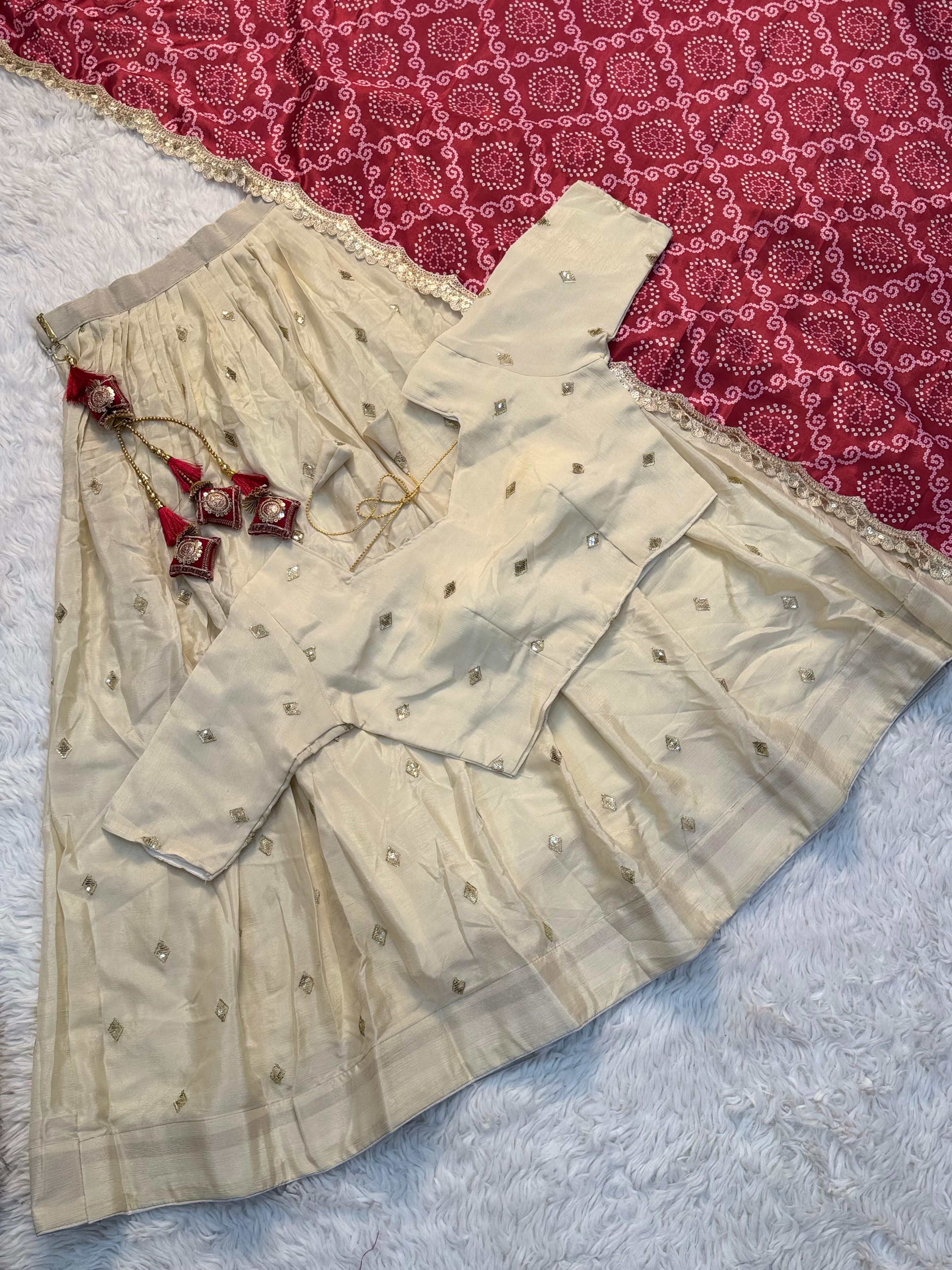 Chinnon Silk Stitched Butti Work Embroidered Party Wear Silk Lehenga choli