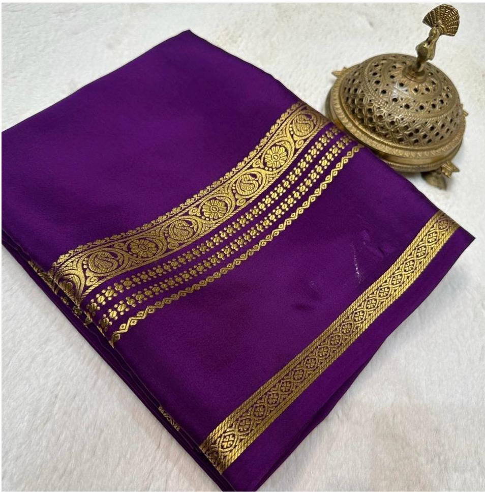 Purple Royal Mysore Silk Saree with Traditional Golden Border