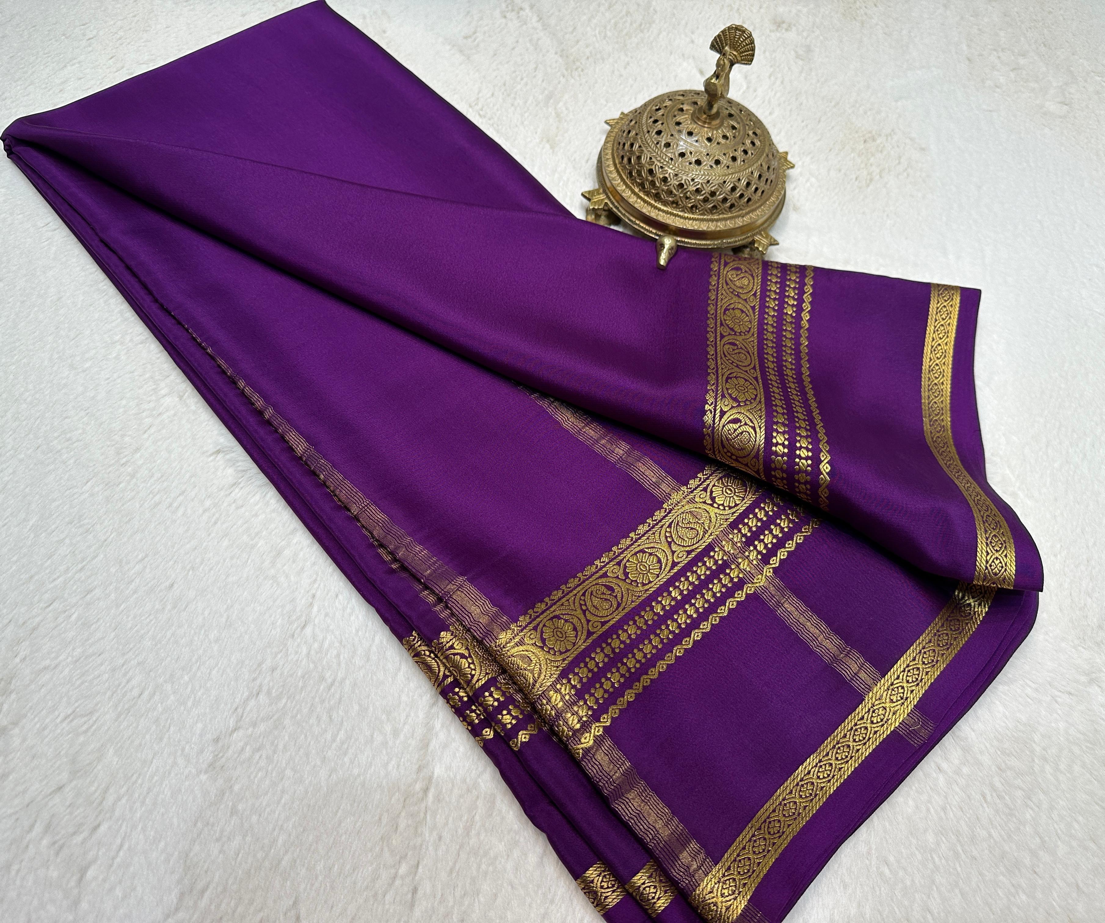 Purple Royal Mysore Silk Saree with Traditional Golden Border