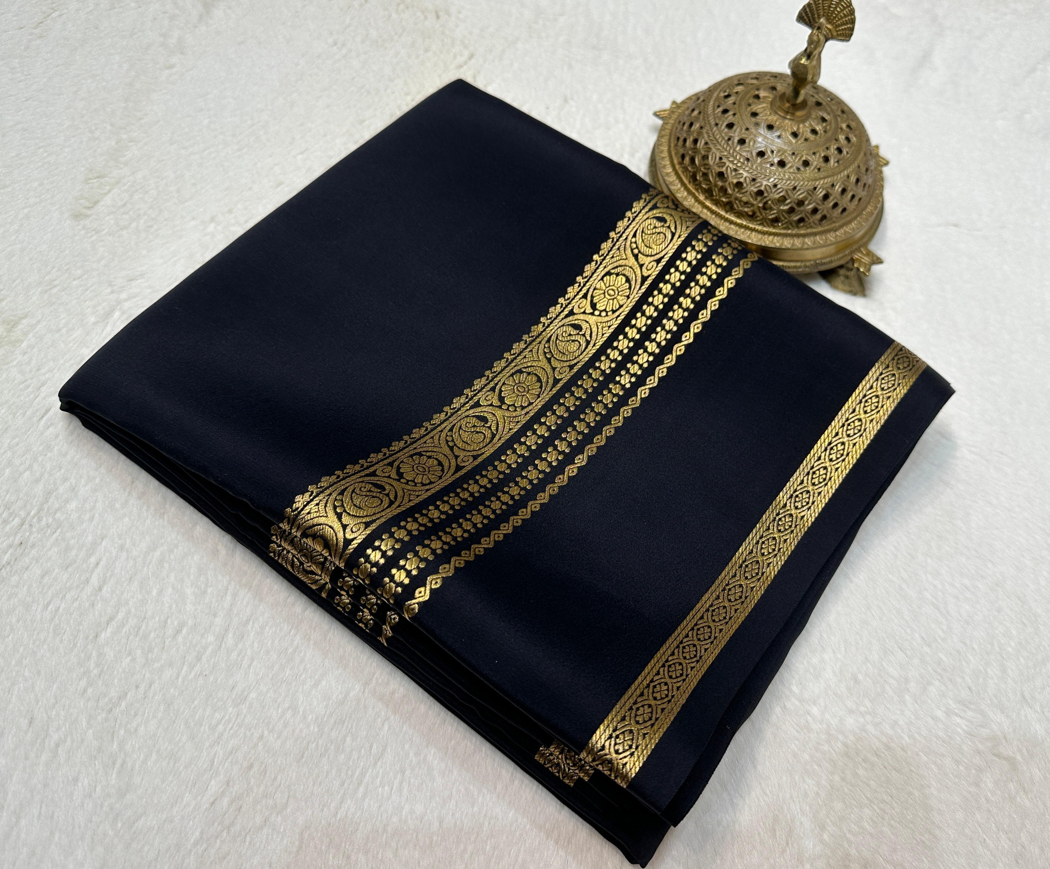 Black Pure Silk Mysore Saree with Yellow Zari Weaving