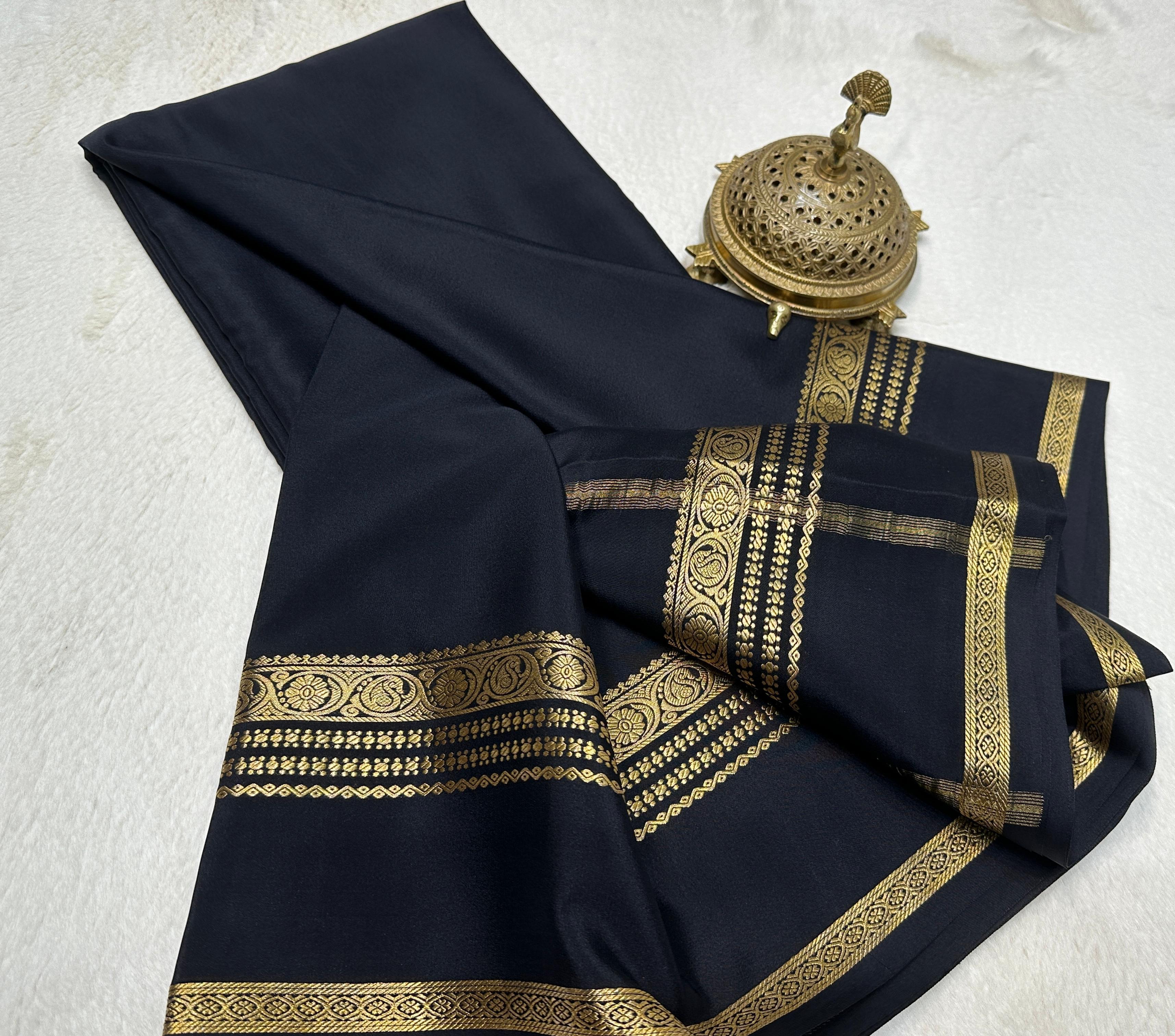 Black Pure Silk Mysore Saree with Yellow Zari Weaving
