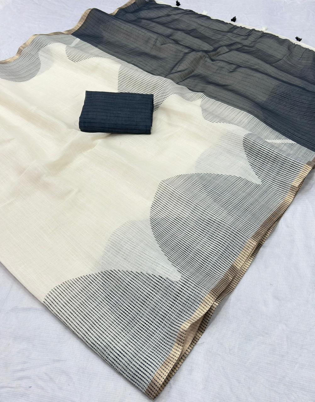 Pure Linen White Saree with Blouse