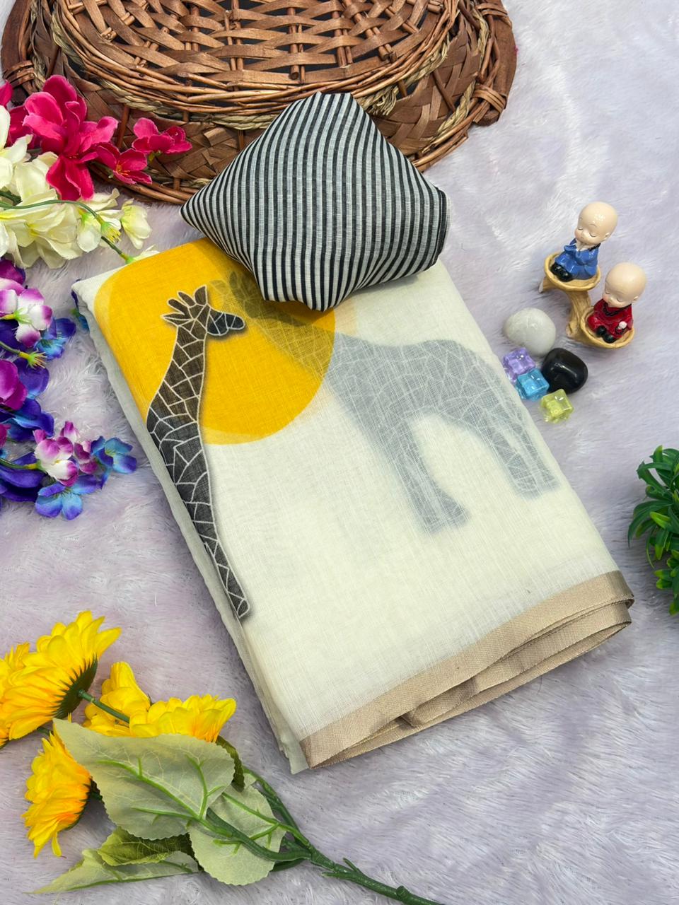 White Handwoven Pure Linen Saree for women