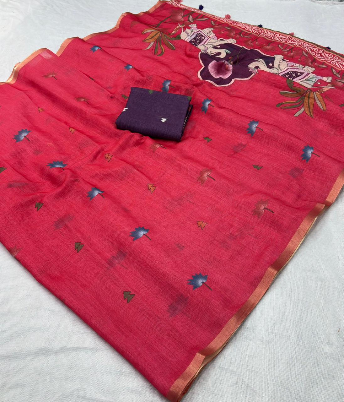 Red colour Pure Magic Cotton Batik Linen Saree.