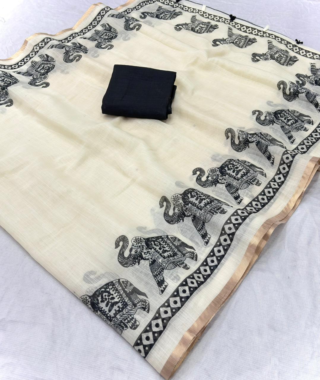White colour Linen Saree With Un-stitched Blouse.