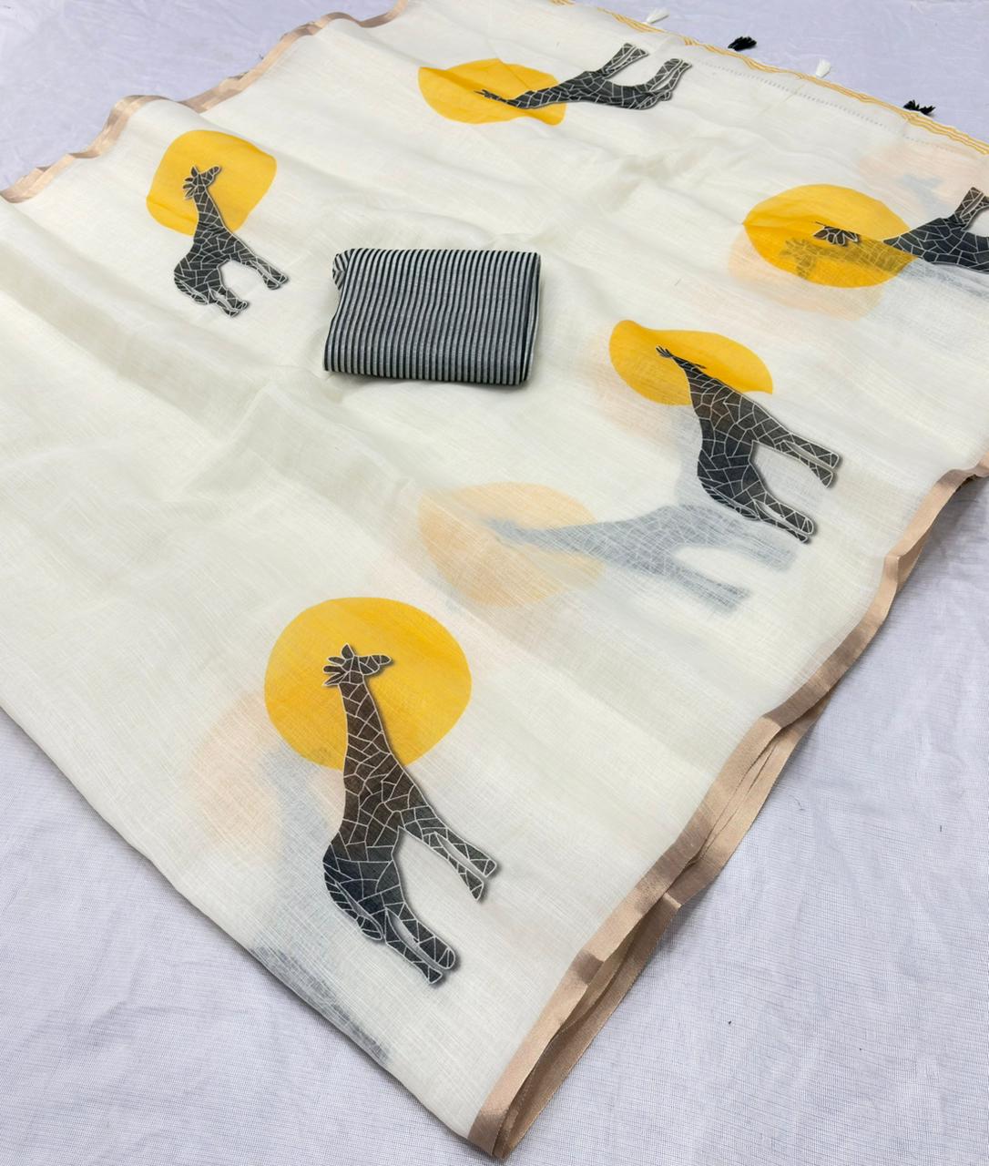 White Handwoven Pure Linen Saree for women