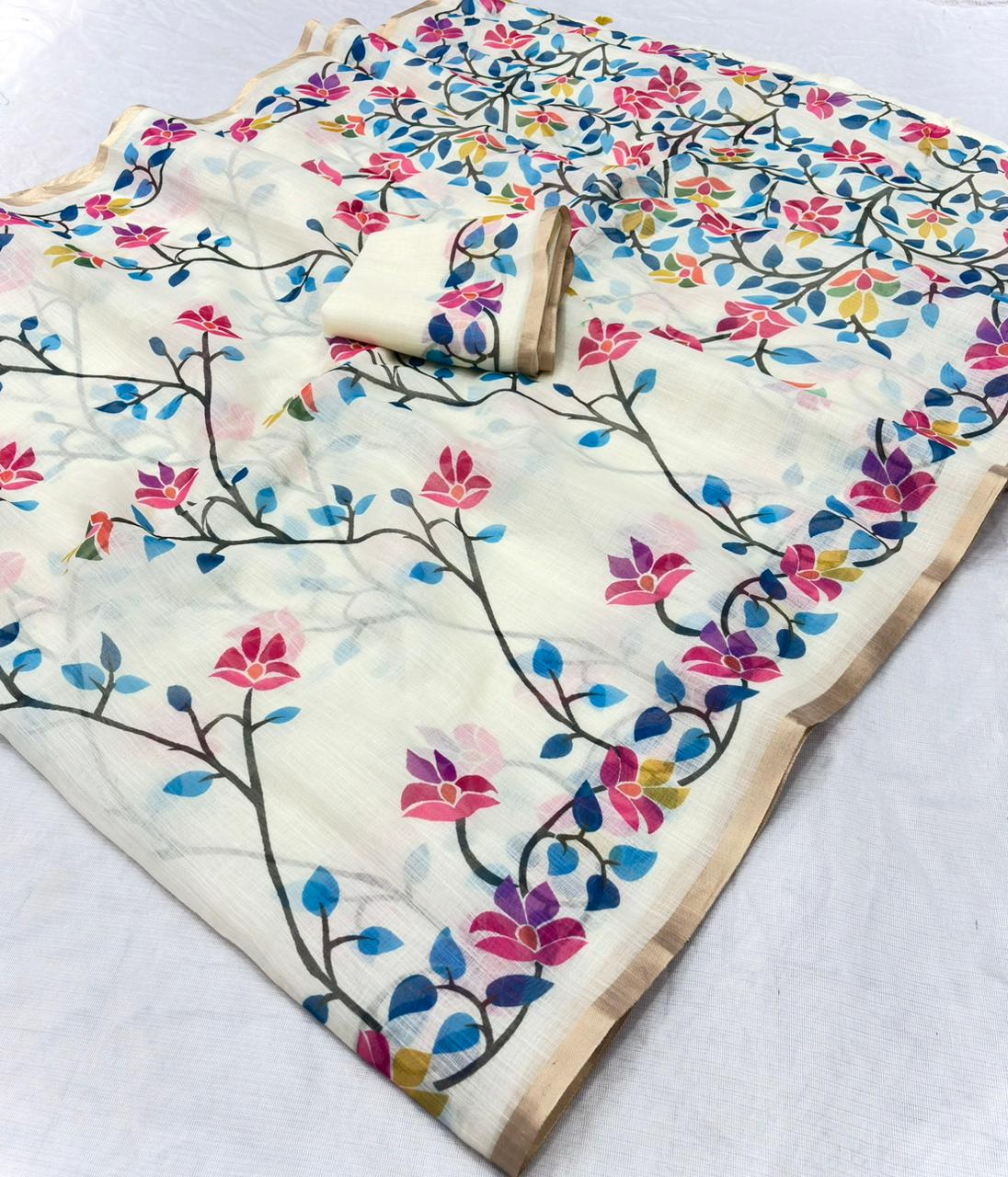 Function Wear White Linen Cotton Designer Saree