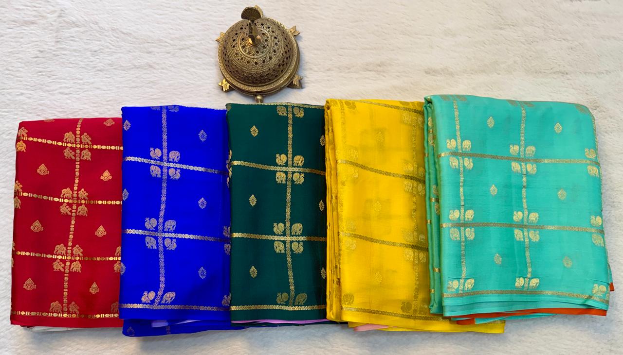 Aqua Green Silk Saree with Golden Floral Check Design