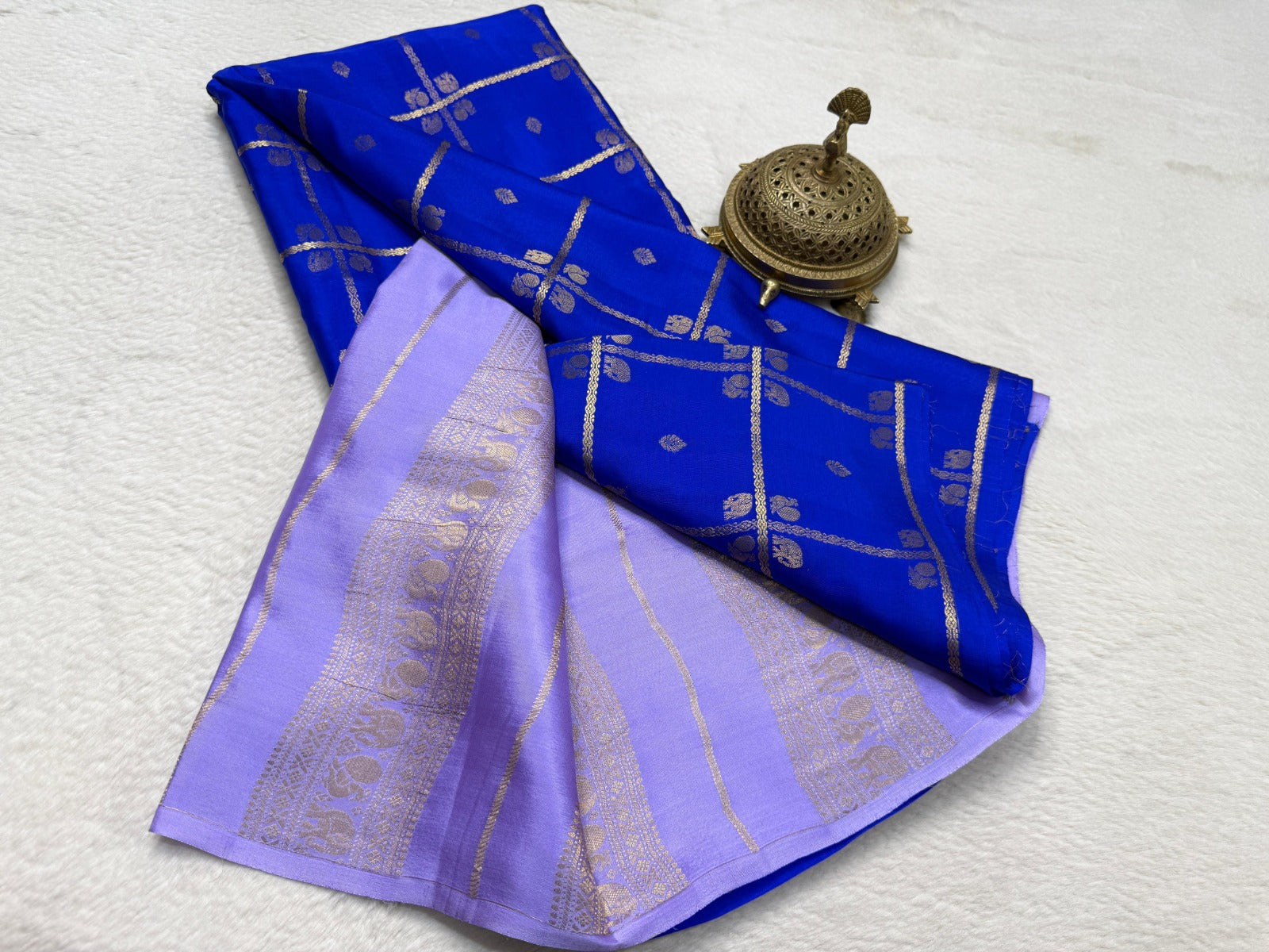Elegant Blue Saree with Gold Zari Butta & Check Design