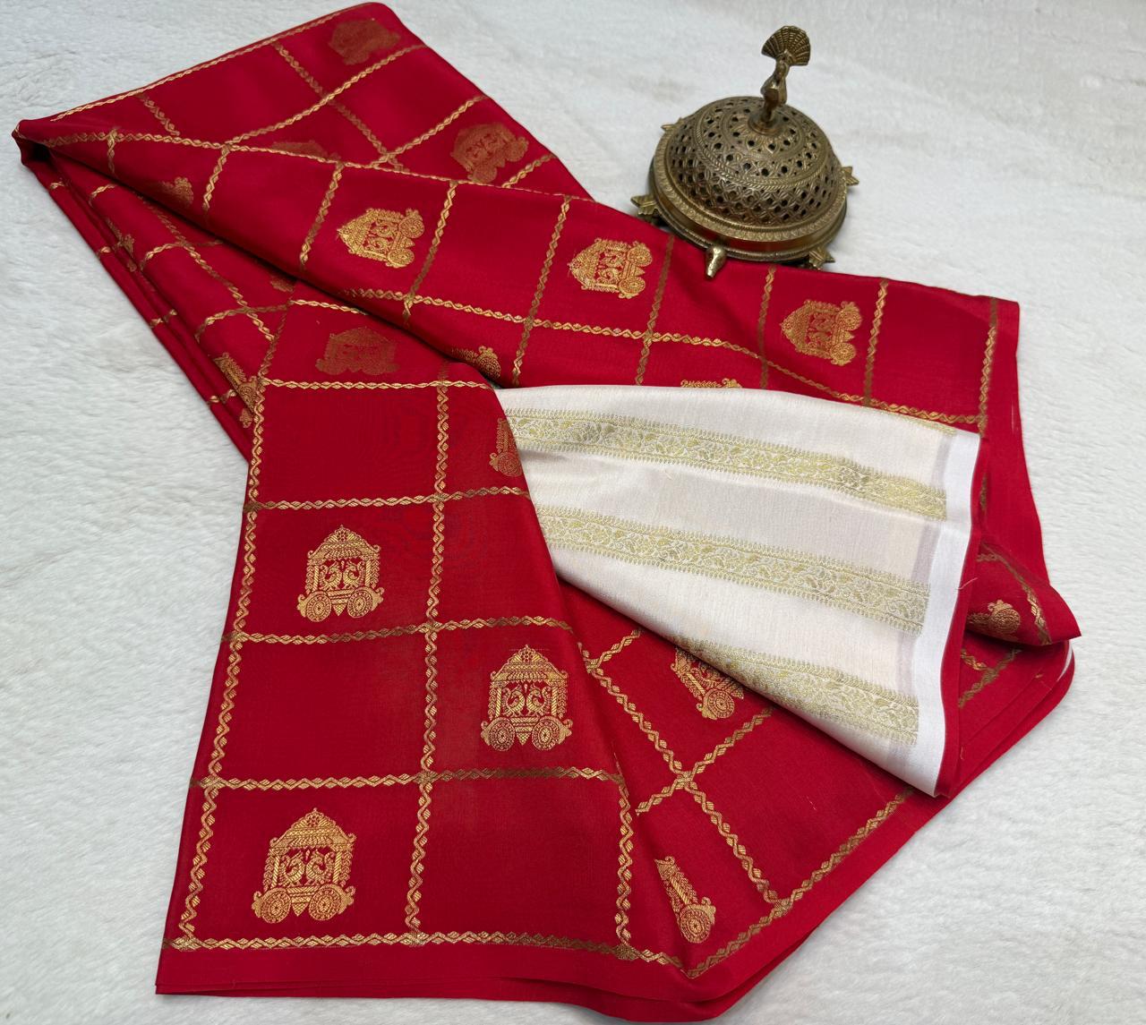 Designer Red Saree with Contrast White Pallu & Gold Motifs
