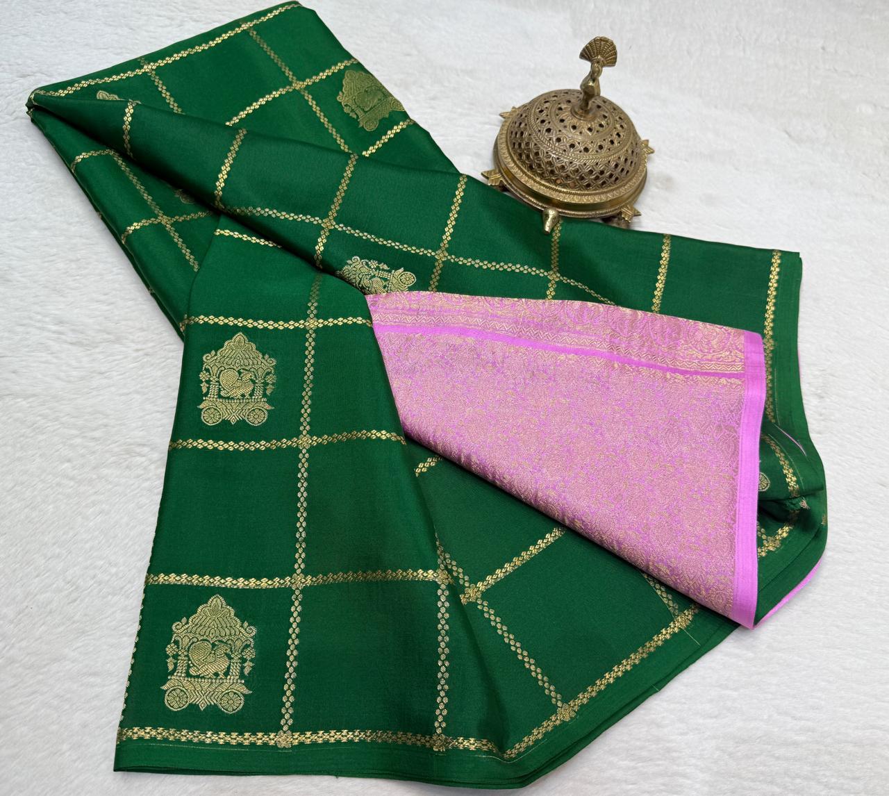 Green & Pink Silk Saree with Golden Zari Weaving