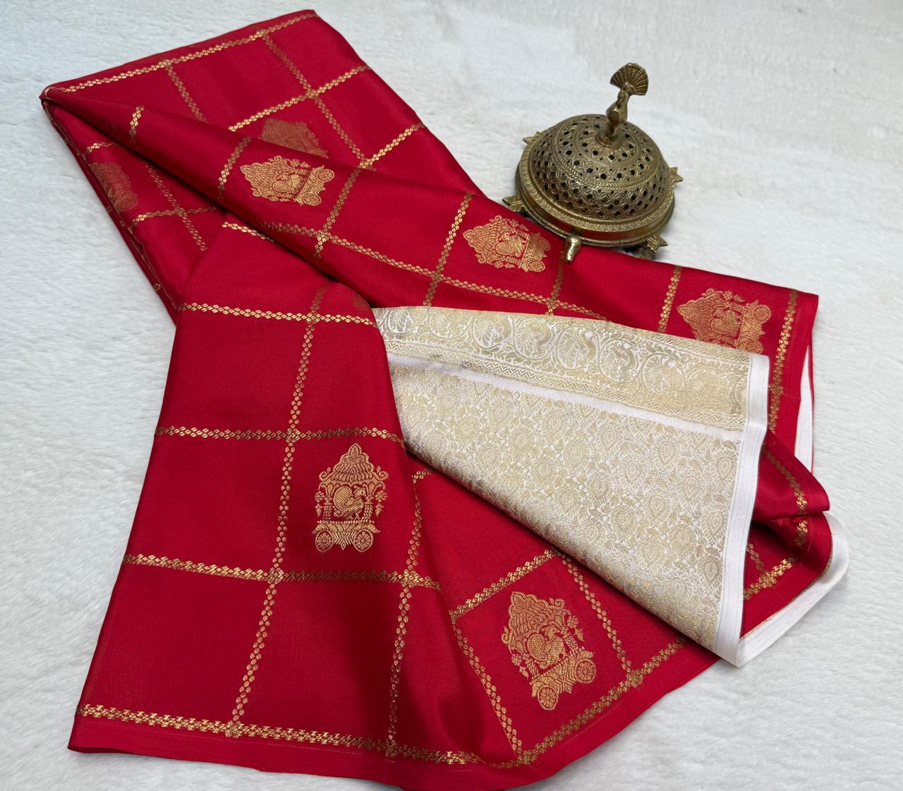 Designer Red Saree with Contrast White Pallu & Gold Motifs