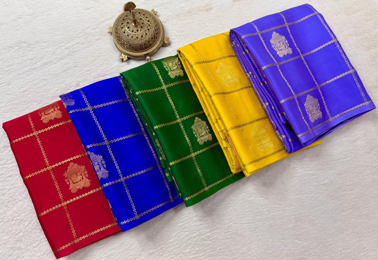 Designer Blue Saree with Gold Zari Checks and Traditional Motifs