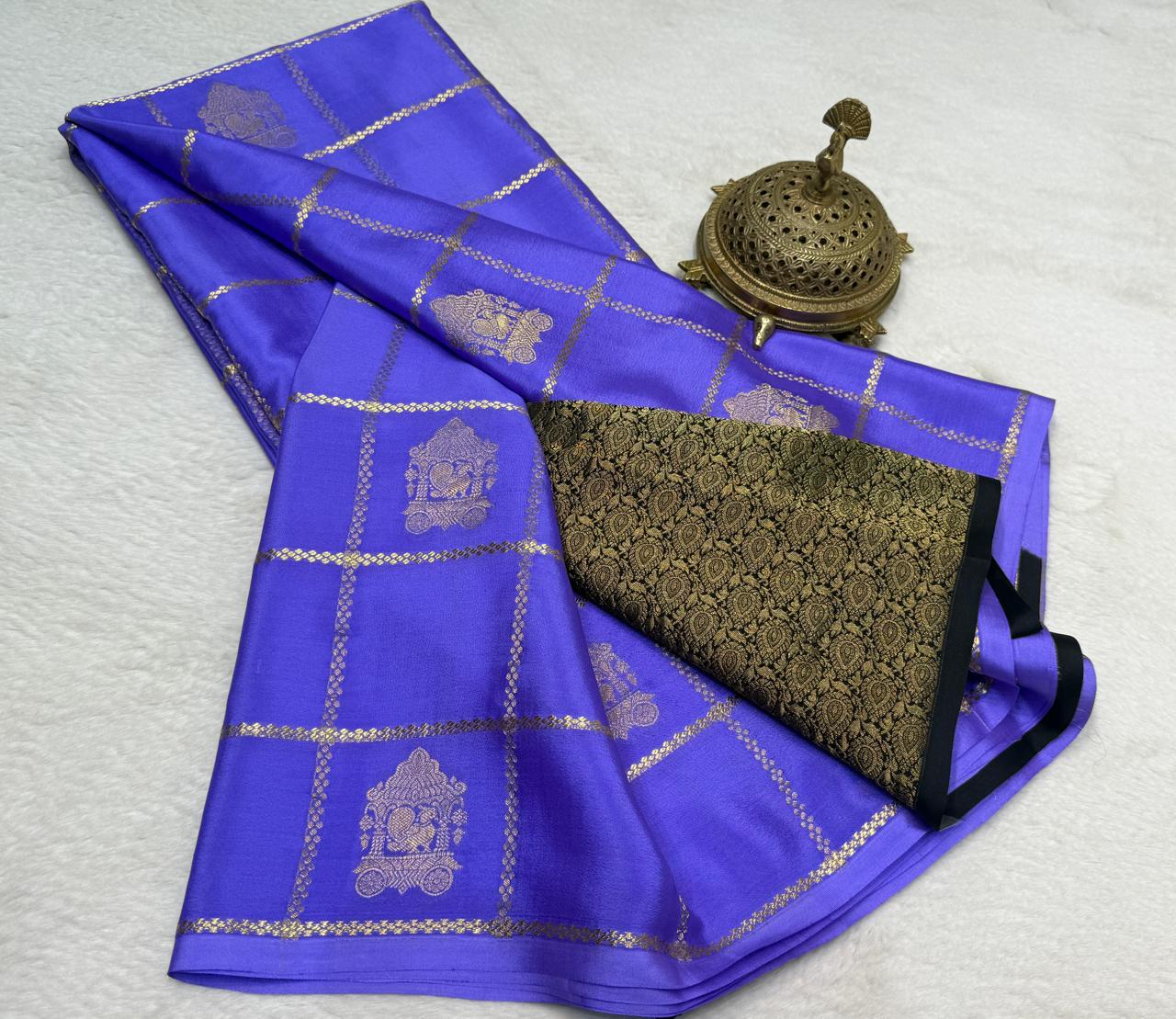 Designer Blue Saree with Gold Zari Checks and Traditional Motifs