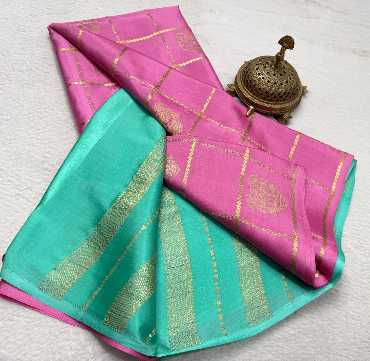 Pink and Aqua Green Silk Saree with Golden Zari Work
