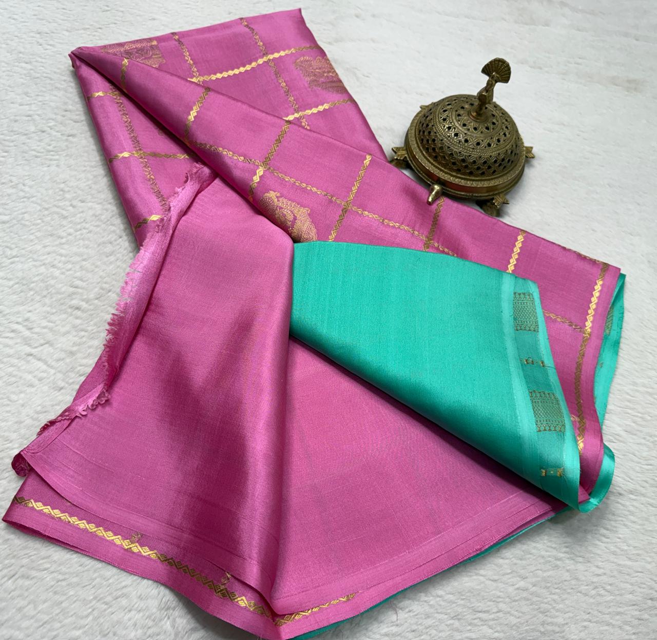 Pink and Aqua Green Silk Saree with Golden Zari Work