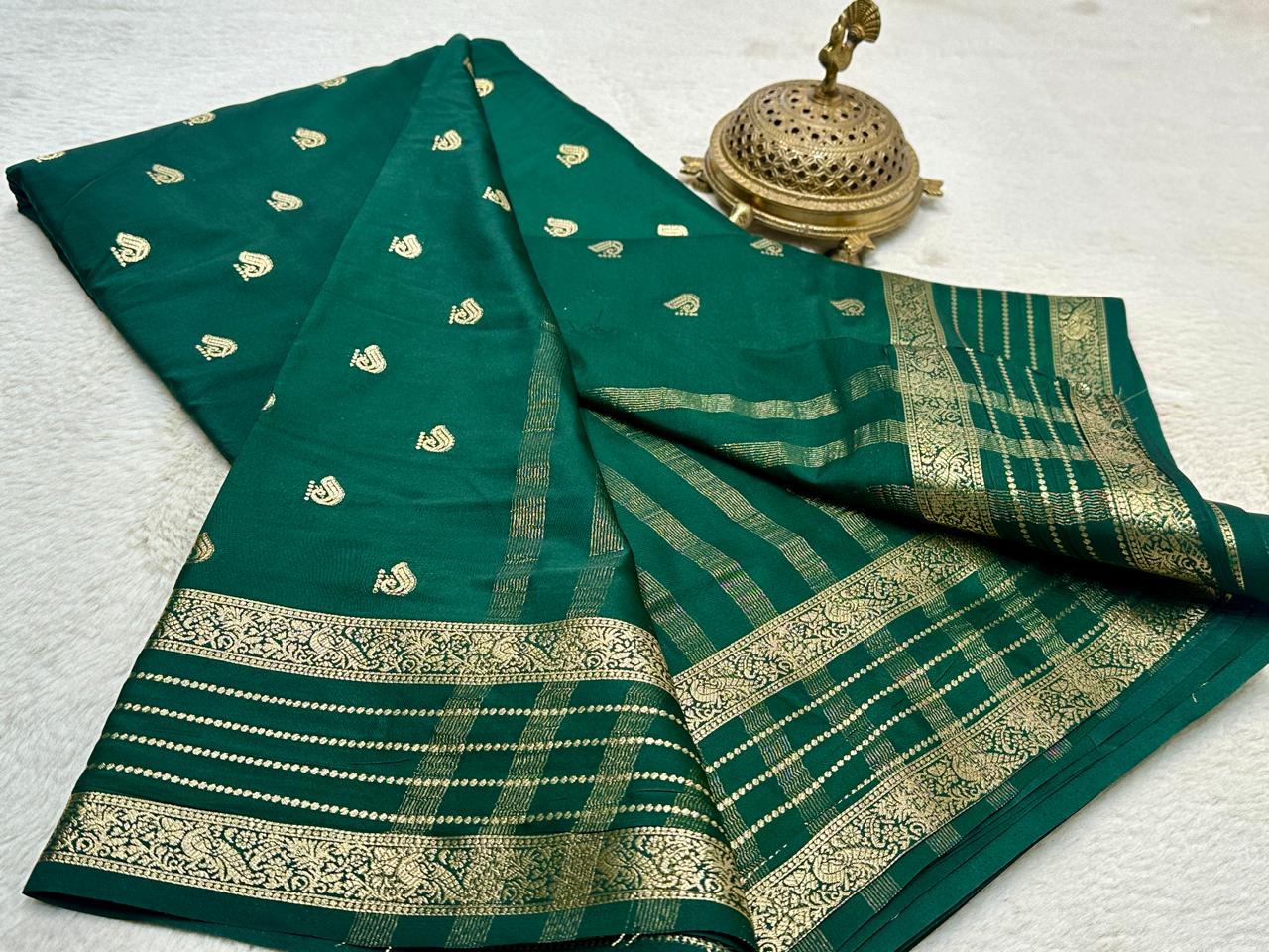 Green Silk Saree with Golden Zari Buti & Traditional Woven Border| Sashikala