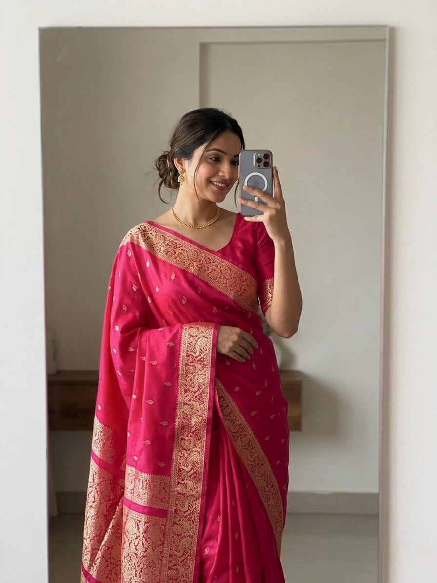 Baby Pink Zari Woven Kanjivaram Soft Silk Saree