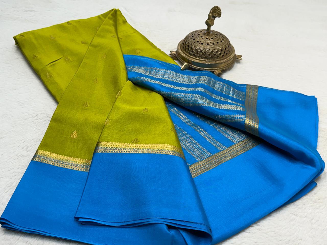 Mehadi color Pure Mysore Silk Saree Designer Contrast Border