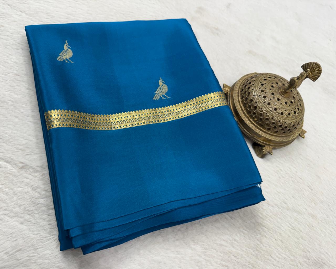 Pure Mysore Silk Sarees peacock buttas with bentex border & rich zari woven pallu