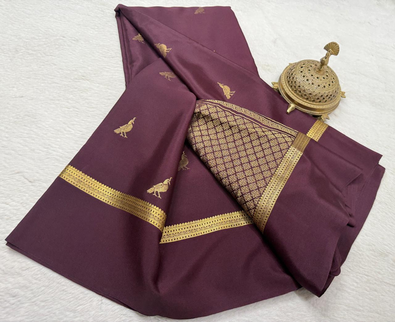 Maroon Mysore Crepe Silk Saree with zari Border