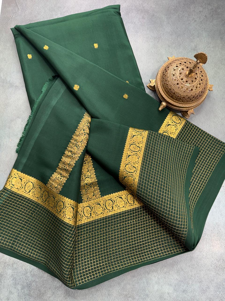 Bottle Green Pure Mysore Crepe Silk Saree with Pink Bentex Border