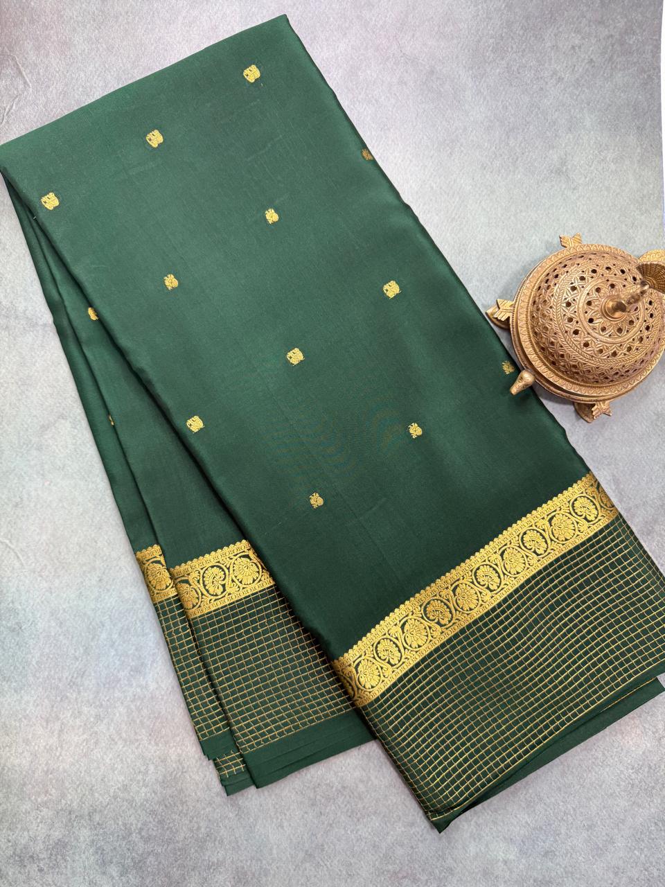 Bottle Green Pure Mysore Crepe Silk Saree with Pink Bentex Border