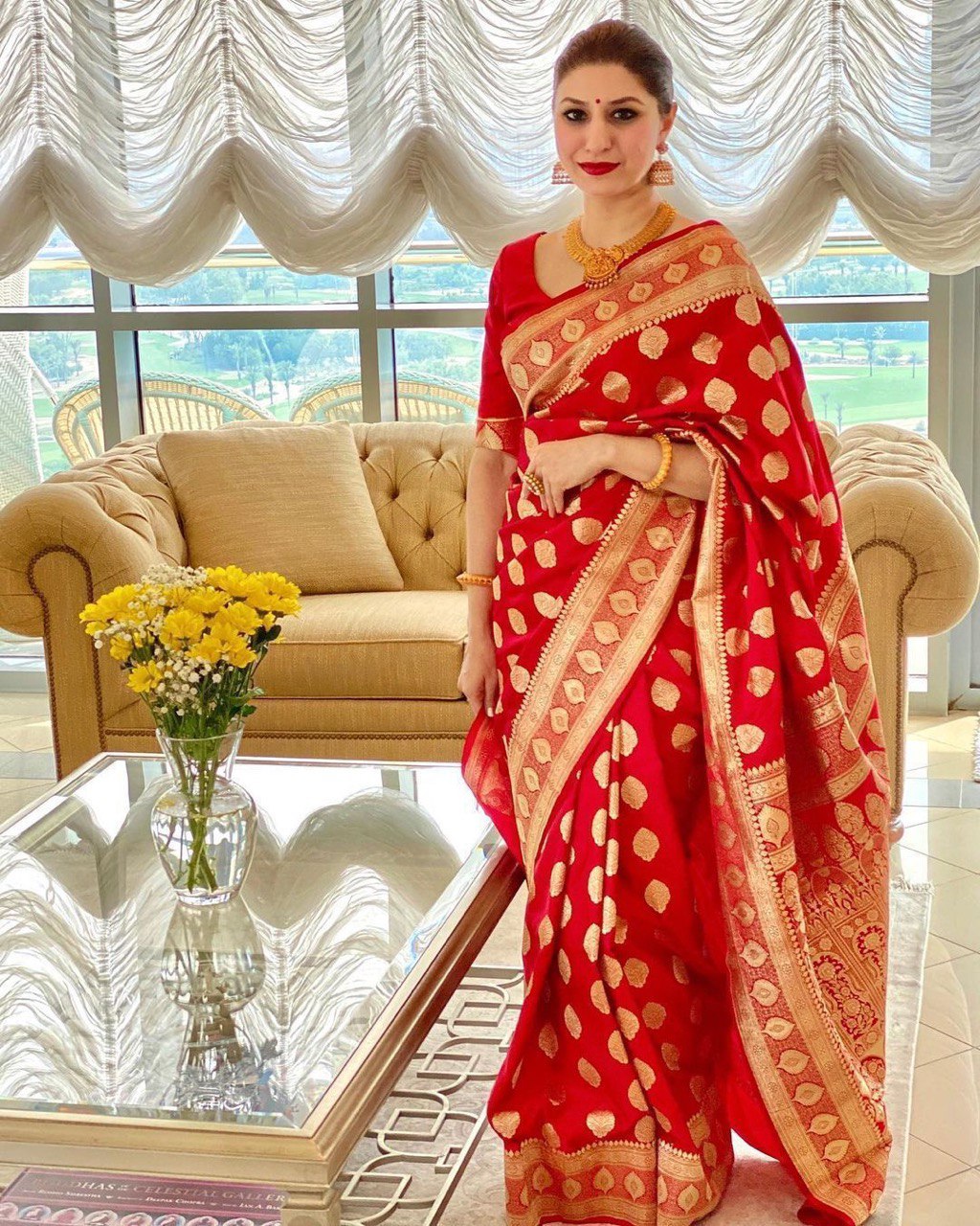 Ruby Red Banarasi Soft Silk Saree with Golden Weaving