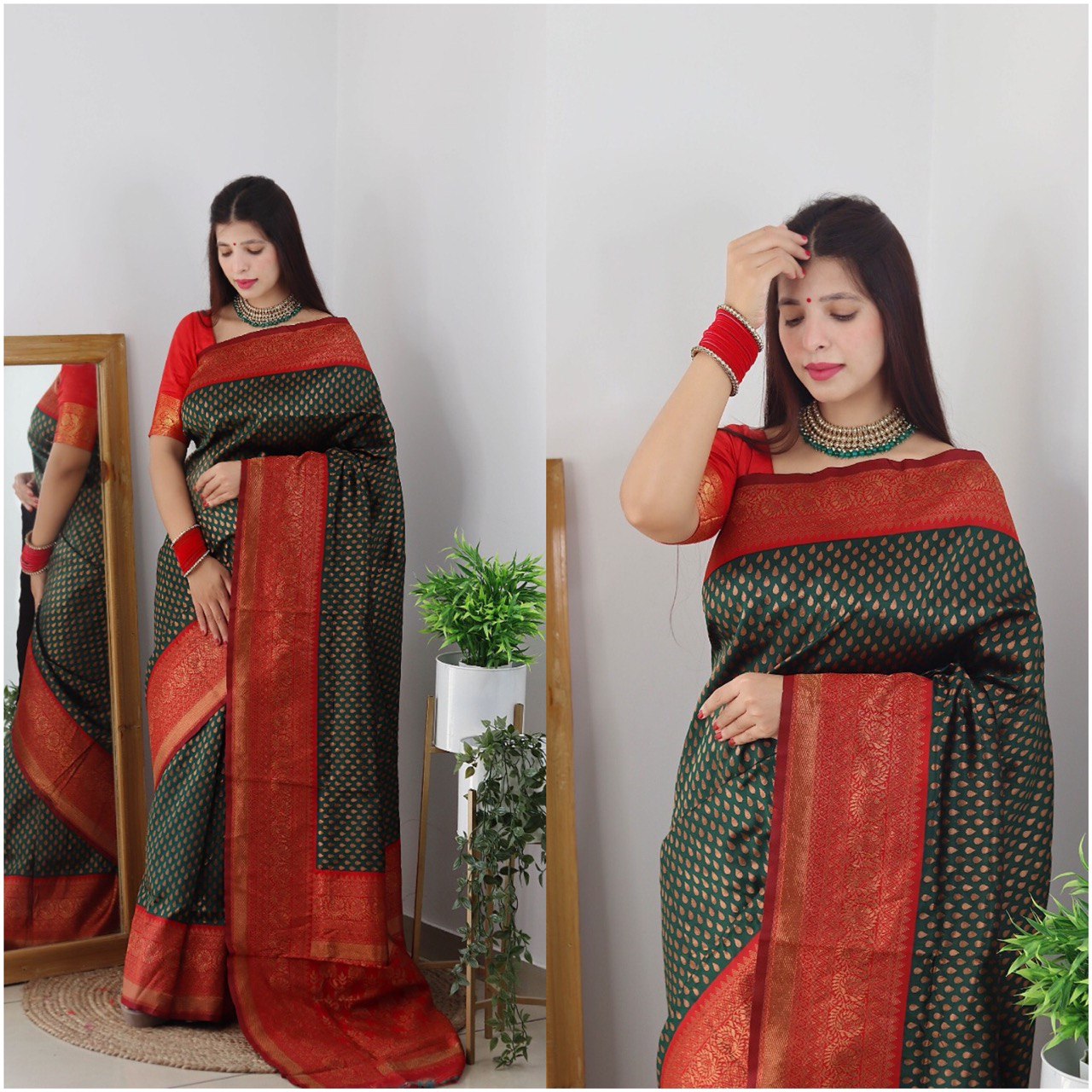 red lichi silk saree