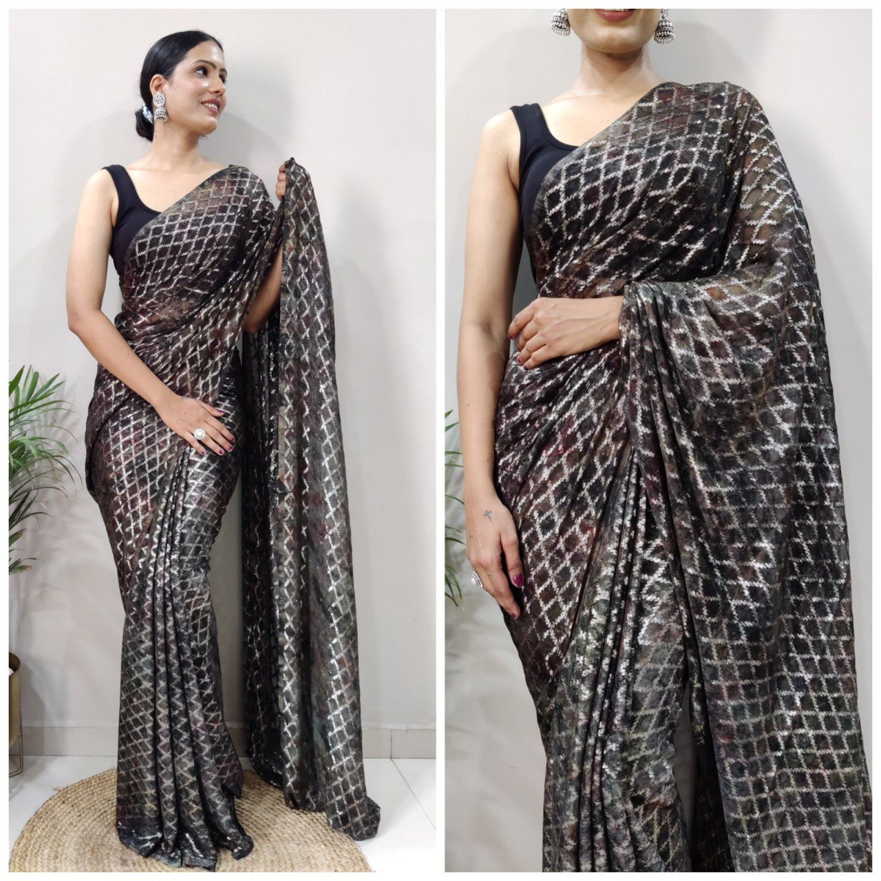 black soft silk saree with sprey print