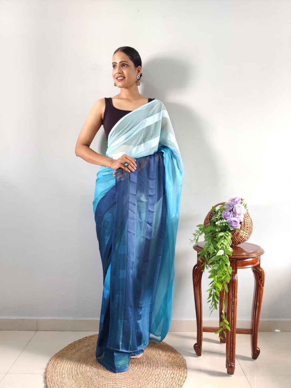 sky color saree with blouse