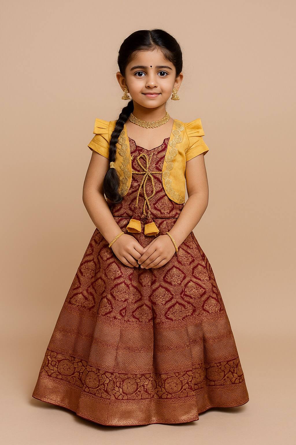 Kids Ethnic Maroon & Mustard Yellow Banarasi Lehenga Gown with Gold Zari & koti