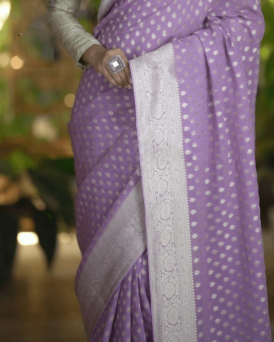 Purple banarasi saree with silver zari border for weddings